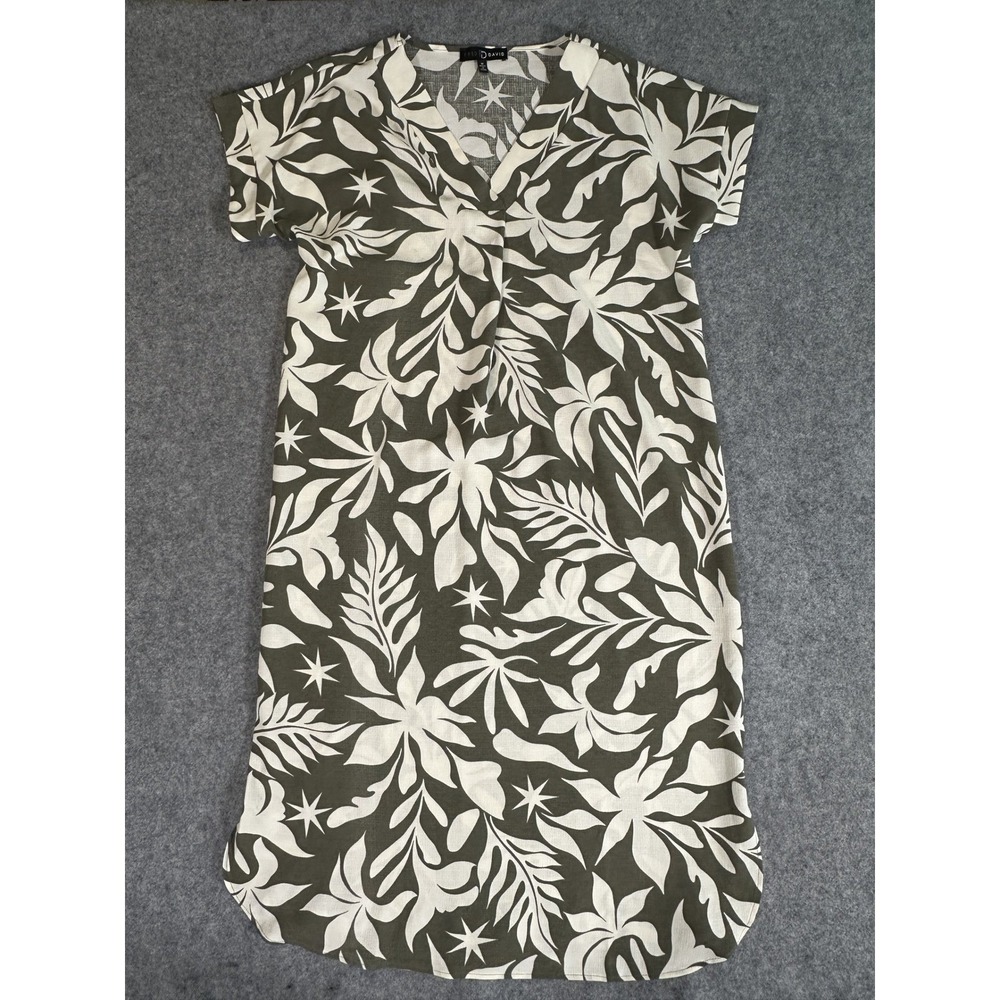 Fred David Tropical Print Shift Dress Medium Olive Green Leaf Star Pattern